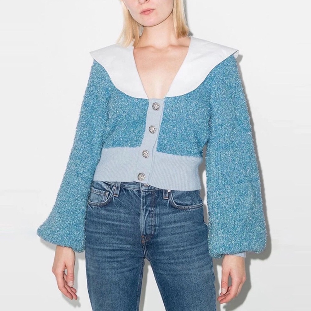 Ganni Glittery Blue Knit with White Collar